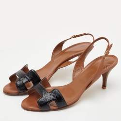 Pre Owned Hermès Night Size 39 Brown/Black Leather and Patent Leather Slingback Sandals