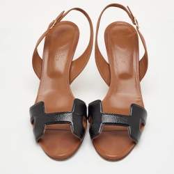 Pre Owned Hermès Night Size 39 Brown/Black Leather and Patent Leather Slingback Sandals
