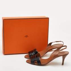 Pre Owned Hermès Night Size 39 Brown/Black Leather and Patent Leather Slingback Sandals