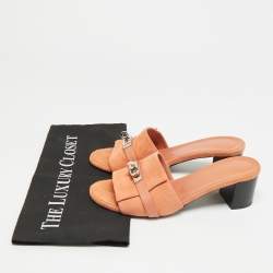 Pre Owned صندل سلايد بكعب بلوك هيرمس جيجي جلد بني وجلد سويدي مقاس 37