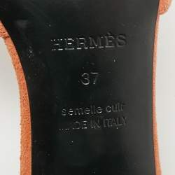 Pre Owned صندل سلايد بكعب بلوك هيرمس جيجي جلد بني وجلد سويدي مقاس 37