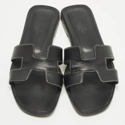 Pre Owned صندل سلايد هيرمس أوران جلد أسود مسطح مقاس 37
