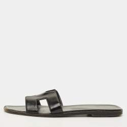 مملوكة مسبقًا Hermes Oran Size 40.5 Black Saffiano Leather Flat Slide