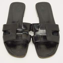 مملوكة مسبقًا Hermes Oran Size 40.5 Black Saffiano Leather Flat Slide