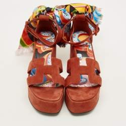 Pre Owned Hermes Eole Size 38 Brown Suede Wedge Sandals