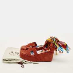 Pre Owned Hermes Eole Size 38 Brown Suede Wedge Sandals