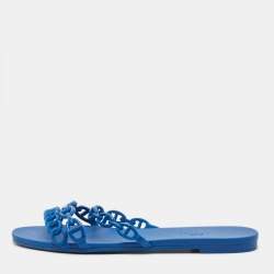 مملوكة مسبقًا Hermes Chaine d'Ancre Rivage Size 37 Blue Rubber Flat Slide Sandals