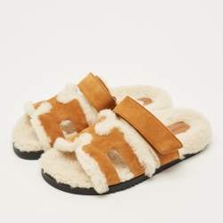 Pre Owned Hermes Chypre Size 37 Brown Suede and Shearling Fur Flat Sandals