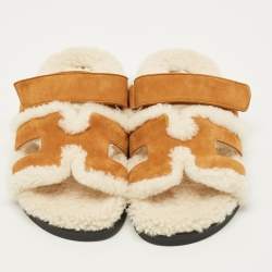 Pre Owned Hermes Chypre Size 37 Brown Suede and Shearling Fur Flat Sandals