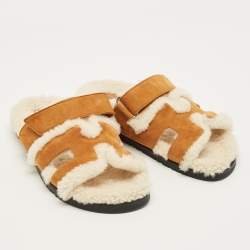 Pre Owned Hermes Chypre Size 37 Brown Suede and Shearling Fur Flat Sandals