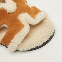 Pre Owned Hermes Chypre Size 37 Brown Suede and Shearling Fur Flat Sandals