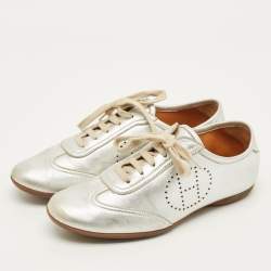 Pre Owned Hermes Size 38 Silver Leather Pewter Perforated H Lace Up Sneakers
