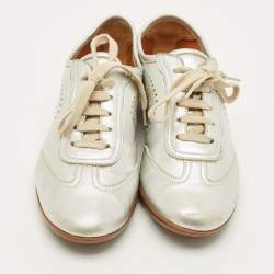 Pre Owned Hermes Size 38 Silver Leather Pewter Perforated H Lace Up Sneakers