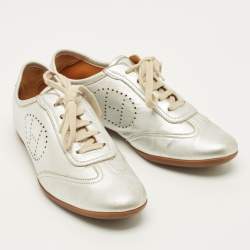 Pre Owned Hermes Size 38 Silver Leather Pewter Perforated H Lace Up Sneakers