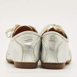 Pre Owned Hermes Size 38 Silver Leather Pewter Perforated H Lace Up Sneakers