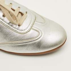 Pre Owned Hermes Size 38 Silver Leather Pewter Perforated H Lace Up Sneakers