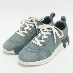 Pre Owned Hermes Bouncing Size 38 Light Blue Nylon and Suede Low Top Sneakers