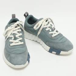 Pre Owned Hermes Bouncing Size 38 Light Blue Nylon and Suede Low Top Sneakers