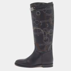 Pre Owned حذاء بوت طول ركبة هيرمس جامبينج جلد مطرز بانوبلي إكيستري مقاس 38 لون أسود