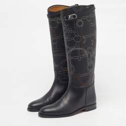 Pre Owned حذاء بوت طول ركبة هيرمس جامبينج جلد مطرز بانوبلي إكيستري مقاس 38 لون أسود