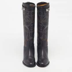 Pre Owned حذاء بوت طول ركبة هيرمس جامبينج جلد مطرز بانوبلي إكيستري مقاس 38 لون أسود