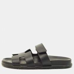 مملوكة مسبقًا Hermes Chypre Size 38.5 Black Leather Flat Slide