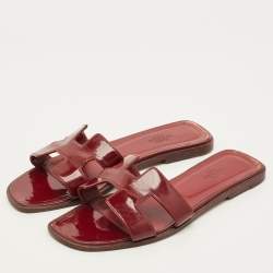 Pre Owned Hermes Oran Size 39 Red Patent Leather Flat Slides 