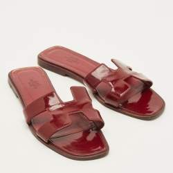 Pre Owned Hermes Oran Size 39 Red Patent Leather Flat Slides 
