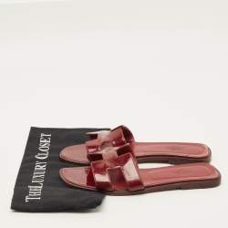 Pre Owned Hermes Oran Size 39 Red Patent Leather Flat Slides 