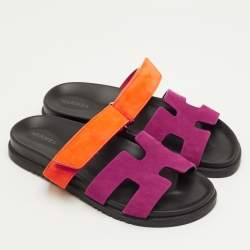 مملوكة مسبقًا Hermes Chypre Size 38.5 Pink/Orange Suede Flat Sandals