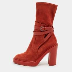 Pre Owned Hermes Slouch Size 38 Red Leather and Suede Ankle Length Boots