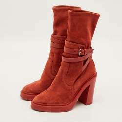Pre Owned Hermes Slouch Size 38 Red Leather and Suede Ankle Length Boots
