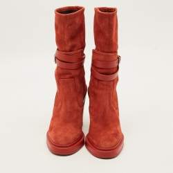Pre Owned Hermes Slouch Size 38 Red Leather and Suede Ankle Length Boots