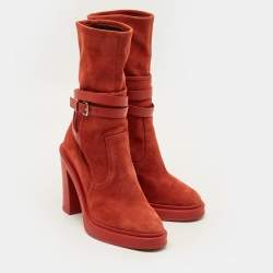 Pre Owned Hermes Slouch Size 38 Red Leather and Suede Ankle Length Boots