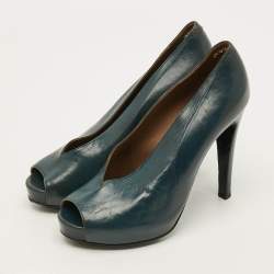 Pre Owned Hermes Florida Size 37 Green Leather Peep Toe Pumps