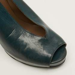 Pre Owned Hermes Florida Size 37 Green Leather Peep Toe Pumps