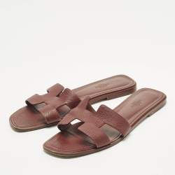 Pre Owned Hermes Oran Size 41 Burgundy Leather Flat Slides