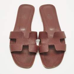Pre Owned Hermes Oran Size 41 Burgundy Leather Flat Slides
