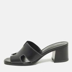 Pre Owned Hermes Helia Size 39 Black Leather Slide Sandals