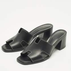 Pre Owned Hermes Helia Size 39 Black Leather Slide Sandals