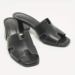 Pre Owned Hermes Helia Size 39 Black Leather Slide Sandals