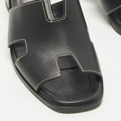 Pre Owned Hermes Helia Size 39 Black Leather Slide Sandals