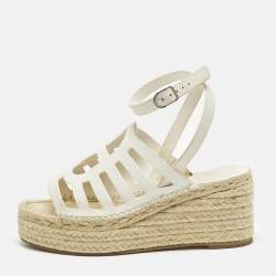 Pre Owned Hermes Catalya Size 36 White Leather Espadrille Wedge Ankle Strap Sandals