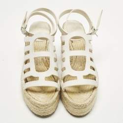Pre Owned Hermes Catalya Size 36 White Leather Espadrille Wedge Ankle Strap Sandals
