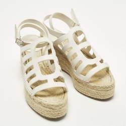 Pre Owned Hermes Catalya Size 36 White Leather Espadrille Wedge Ankle Strap Sandals