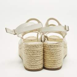 Pre Owned Hermes Catalya Size 36 White Leather Espadrille Wedge Ankle Strap Sandals