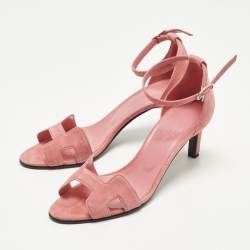 Pre Owned صندل هيرميس بريميير جلد وردي وشمواه بحزام عند الكاحل مقاس 39