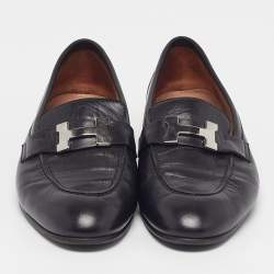 مملوكة مسبقًا Hermes H Logo Size 37 Black Leather Loafers 