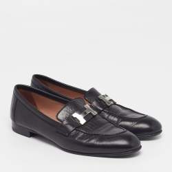 مملوكة مسبقًا Hermes H Logo Size 37 Black Leather Loafers 