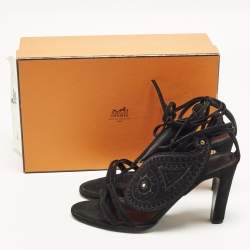 Pre Owned Hermes Size 38.5 Black Embroidered Paisley Suede Ankle Tie Sandals